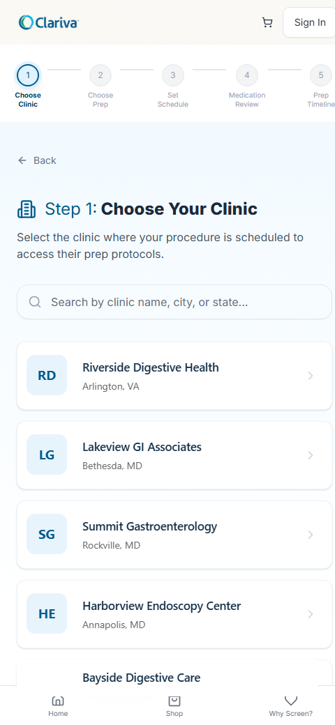 Clariva app &mdash; choose your clinic