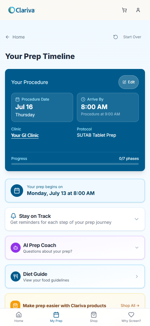 Clariva app &mdash; prep timeline
