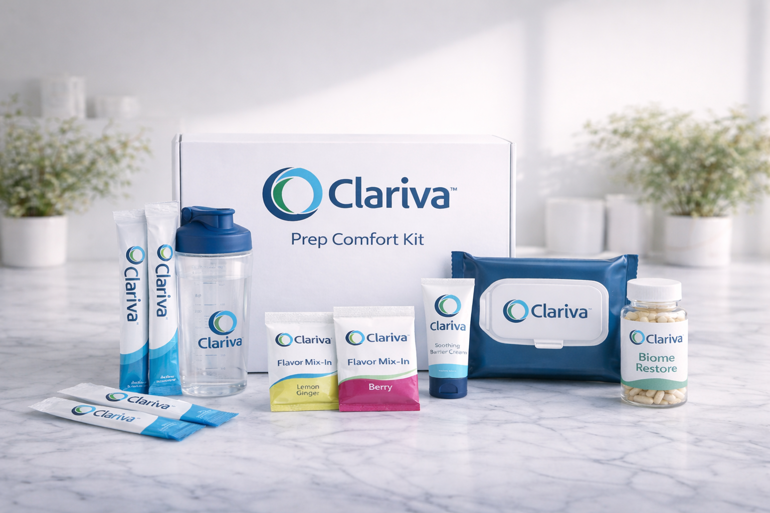 Clariva PEG Prep Essentials Kit box with included products